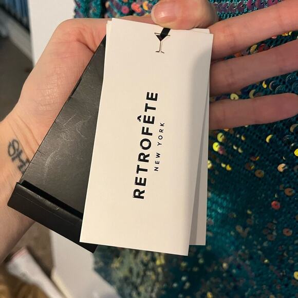 Retrofete NWT Tara Sequin Long Sleeve Crochet Mini Dress Turquoise Blue Green S - Picture 7 of 13